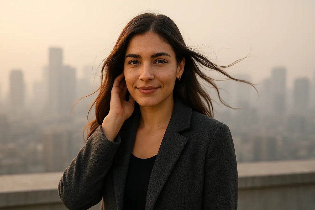 Windy rooftop portrait of smiling woman with flowing hair; Keyoma emphasizes pollution defense and frizz control.