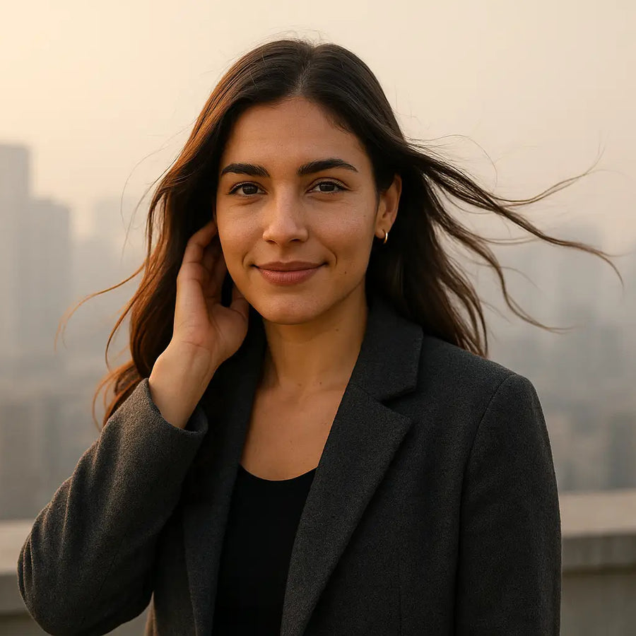 Windy rooftop portrait of smiling woman with flowing hair; Keyoma emphasizes pollution defense and frizz control.