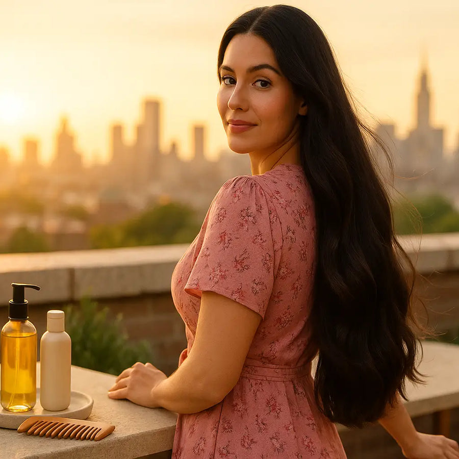 At sunset on a city rooftop, a woman with long wavy hair stands beside rosemary hair-oil products—a pump bottle, small bottle, plant, and comb—illustrating a gentle Keyoma regrowth routine.