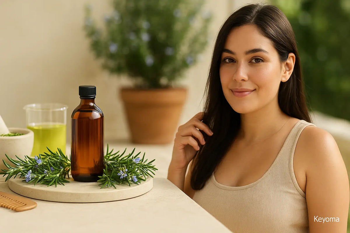 A smiling woman touches her hair beside an amber bottle ringed with fresh rosemary, representing Keyoma’s rosemary hair oil for soothing scalp care.