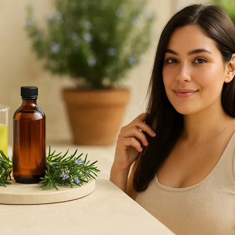 A smiling woman touches her hair beside an amber bottle ringed with fresh rosemary, representing Keyoma’s rosemary hair oil for soothing scalp care.