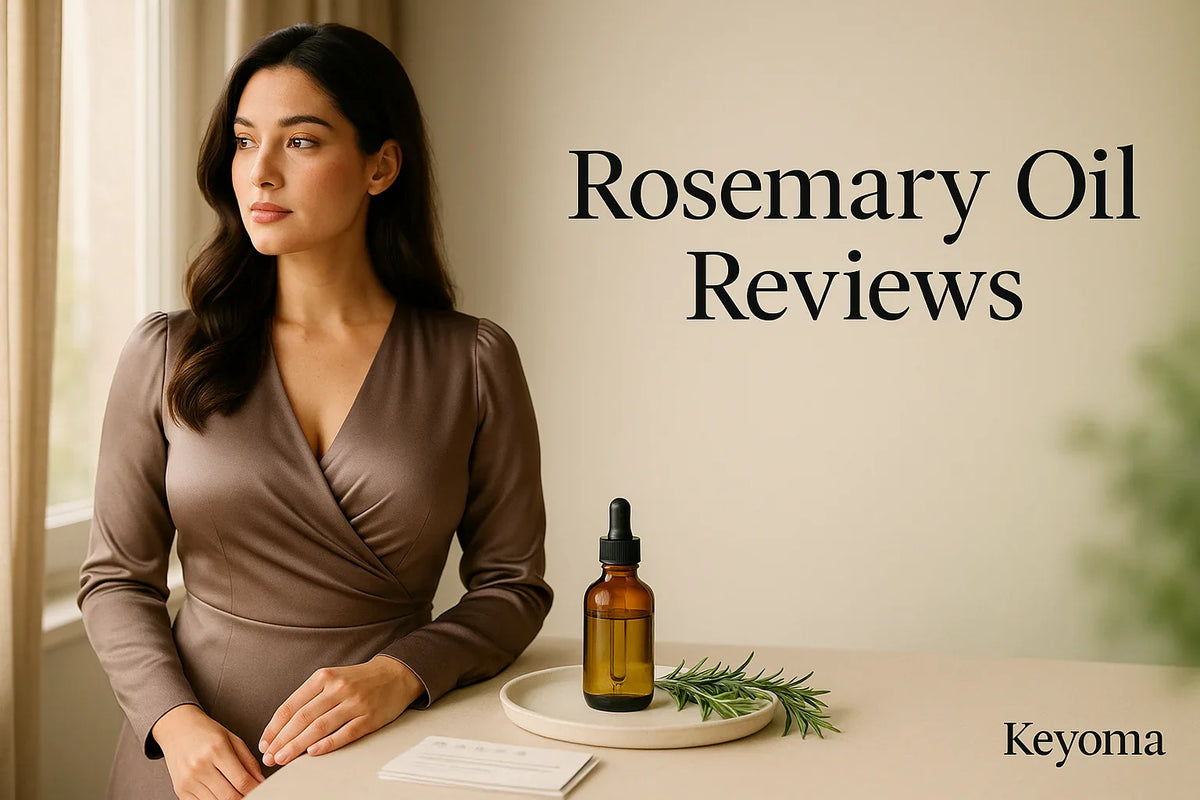 A woman stands by a window beside a tray with a rosemary sprig and amber dropper bottle, introducing Keyoma’s rosemary oil reviews.