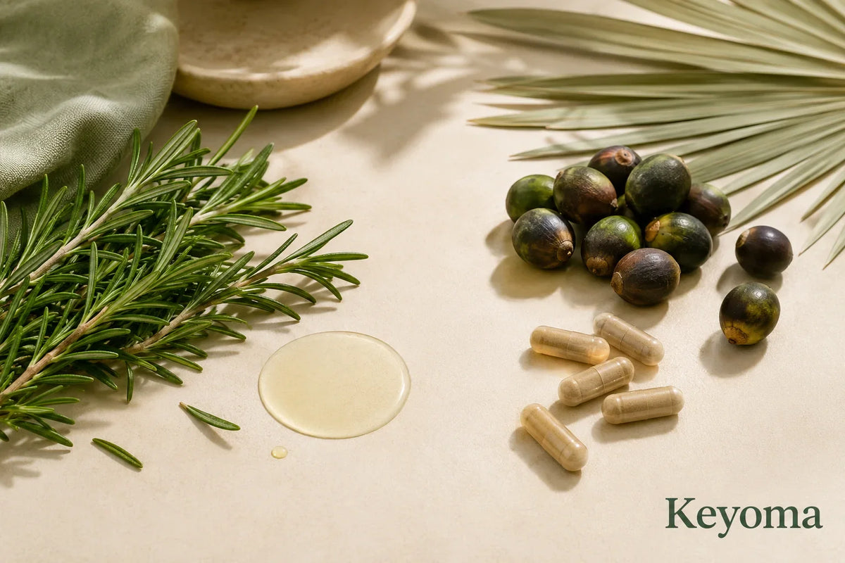 Keyoma flatlay shows rosemary, saw palmetto berries, capsules, and oil on a cream surface.