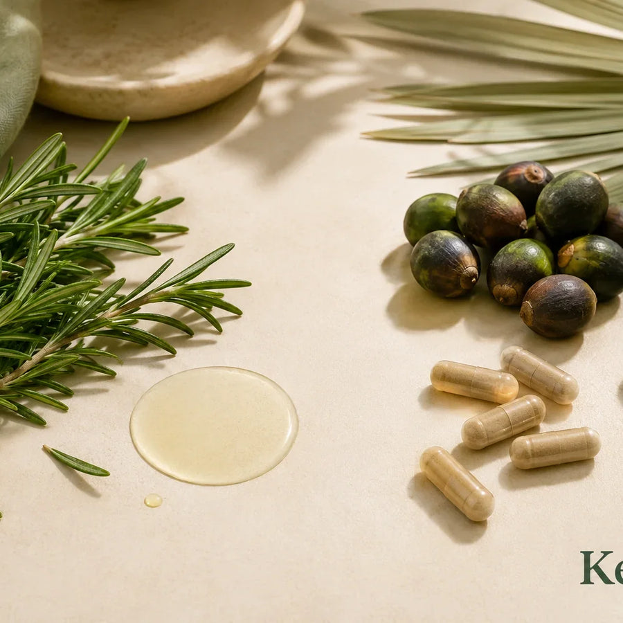 Keyoma flatlay shows rosemary, saw palmetto berries, capsules, and oil on a cream surface.
