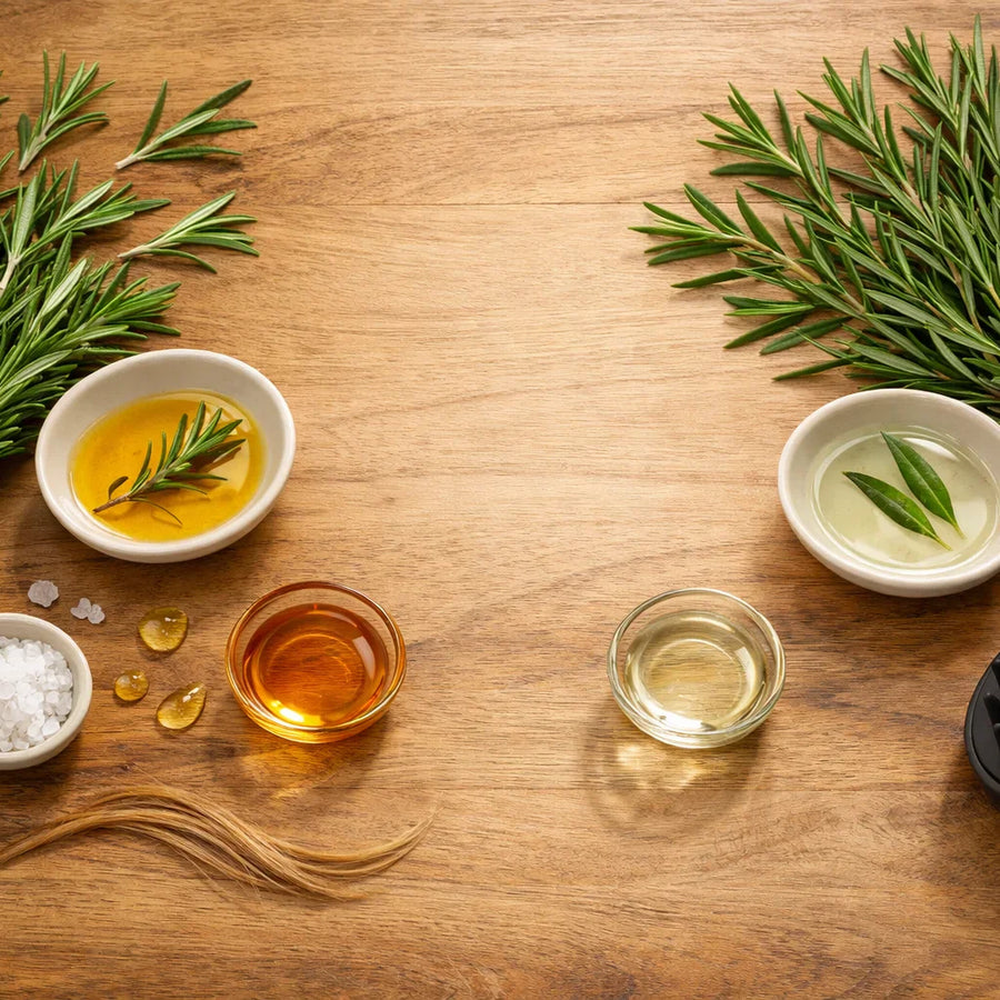 Flat lay of rosemary, tea tree, oils, and tools illustrating a natural scalp routine by Keyoma.