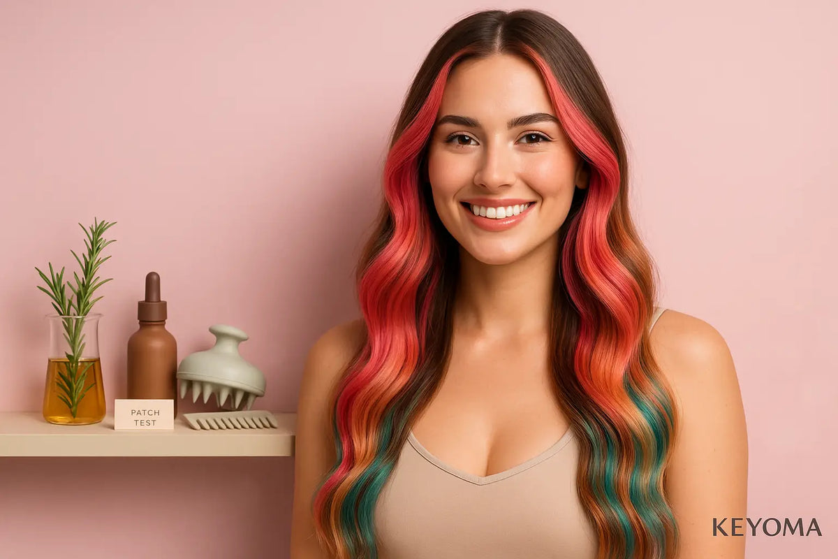 Keyoma portrait with vibrant highlights beside rosemary oil tools and patch test reminder for scalp care.