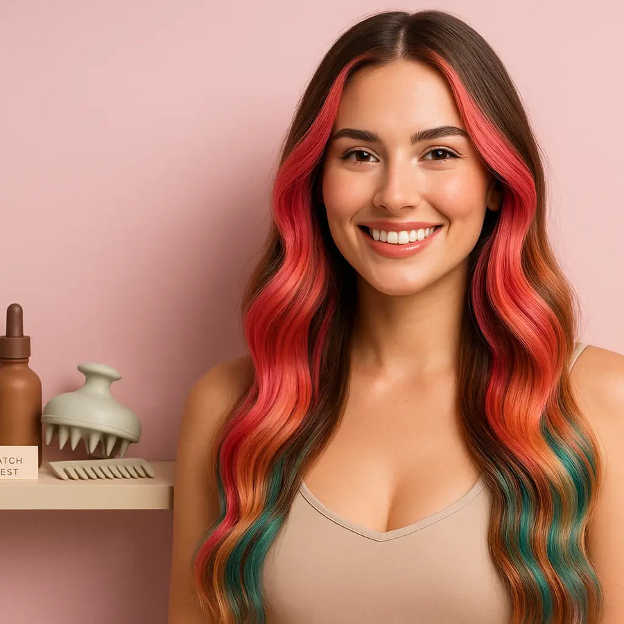 Keyoma portrait with vibrant highlights beside rosemary oil tools and patch test reminder for scalp care.