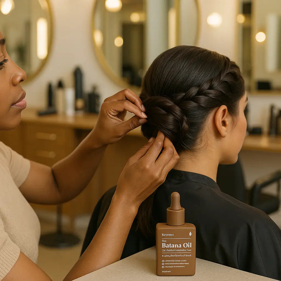 Hairstylist creating an elegant braided bun for a client in a salon, with a bottle of Keyoma Batana Oil placed on the counter in the foreground.