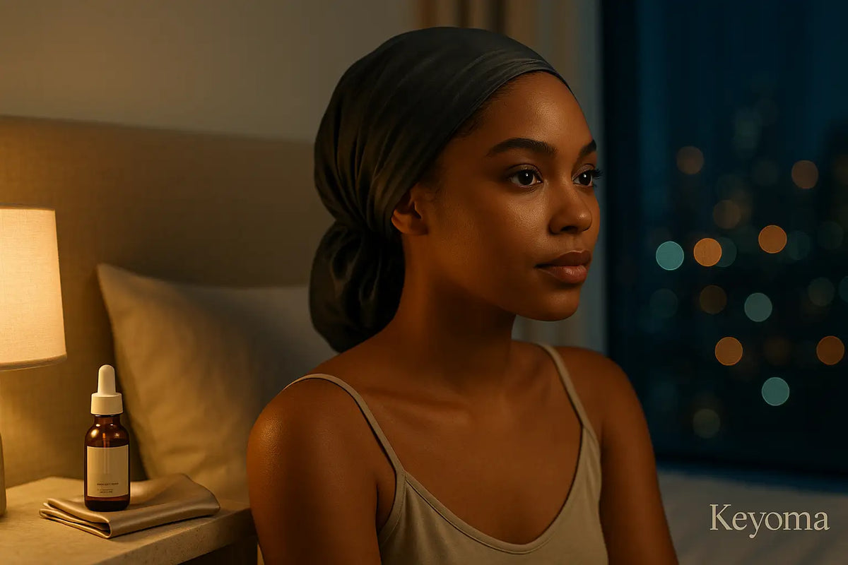 Evening portrait of woman in satin head wrap beside dropper oil; Keyoma highlights nighttime protection, frizz control.