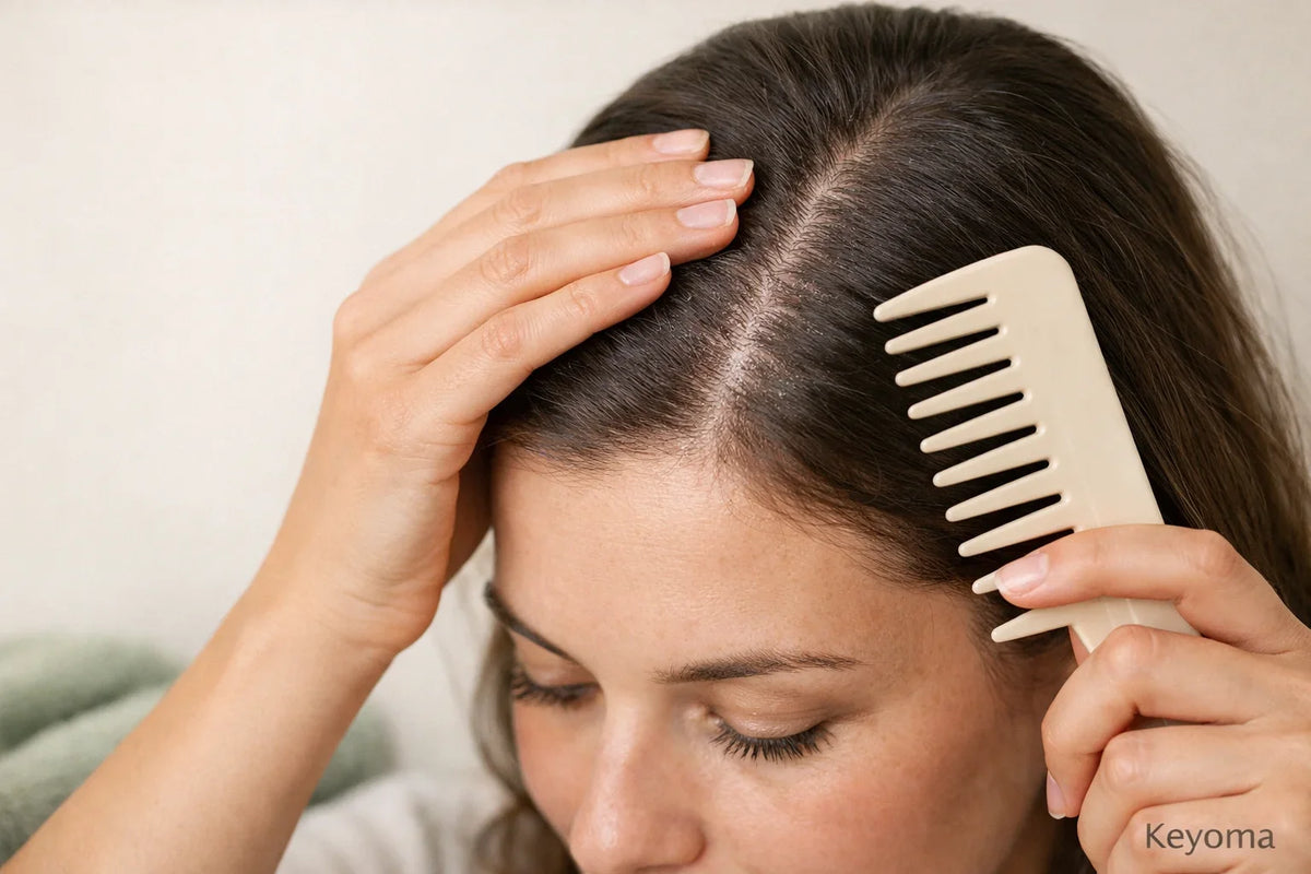 Close view of gentle scalp combing to reduce buildup, highlighting Keyoma guidance for healthier roots.
