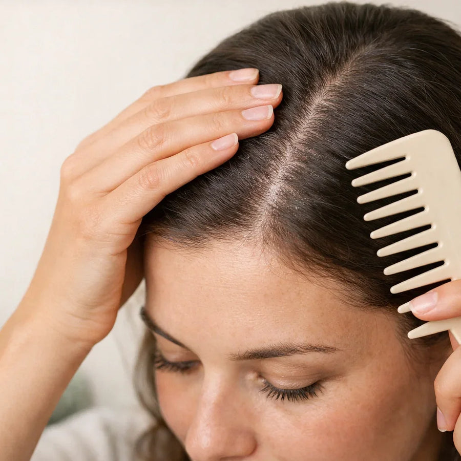 Close view of gentle scalp combing to reduce buildup, highlighting Keyoma guidance for healthier roots.