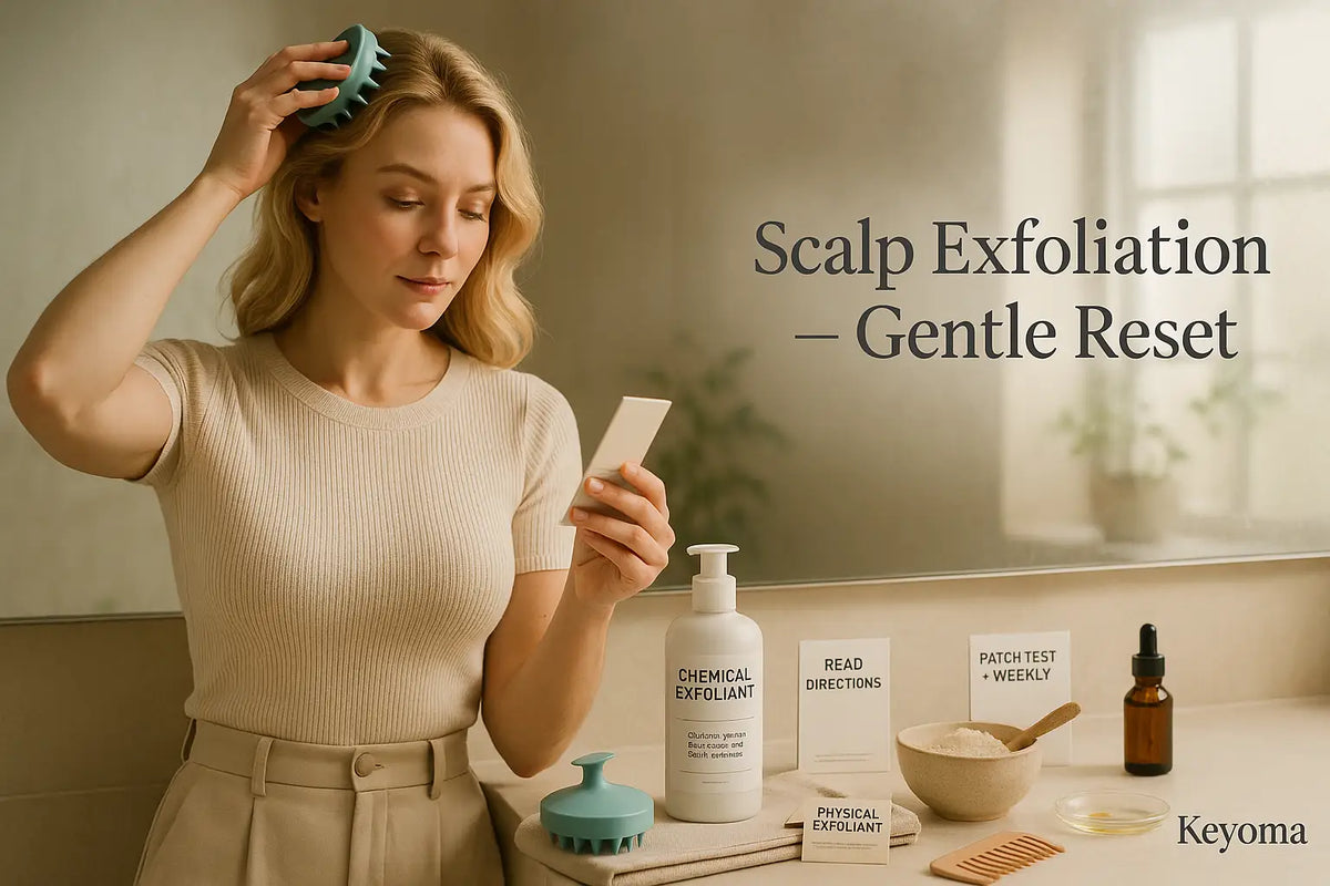 A woman uses a scalp brush and reads directions beside chemical and physical exfoliants, illustrating Keyoma gentle scalp exfoliation.