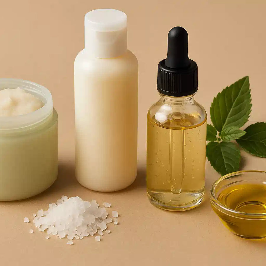 Recommended scalp care essentials featuring scrubs and serums—pair them with Keyoma’s pure nourishing oil for best results.