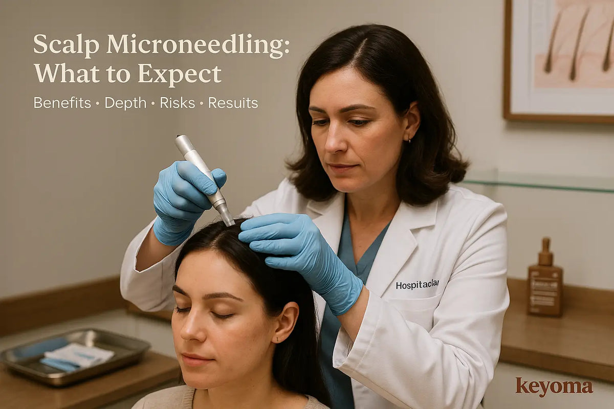 A clinician in blue gloves uses a handheld microneedling device on a woman’s scalp during a clinic visit while Keyoma explains what to expect, including benefits, depth, risks, and results.