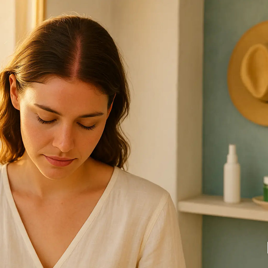Young woman with reddened hair part by window; Keyoma emphasizes UV scalp protection, hat, and spray.