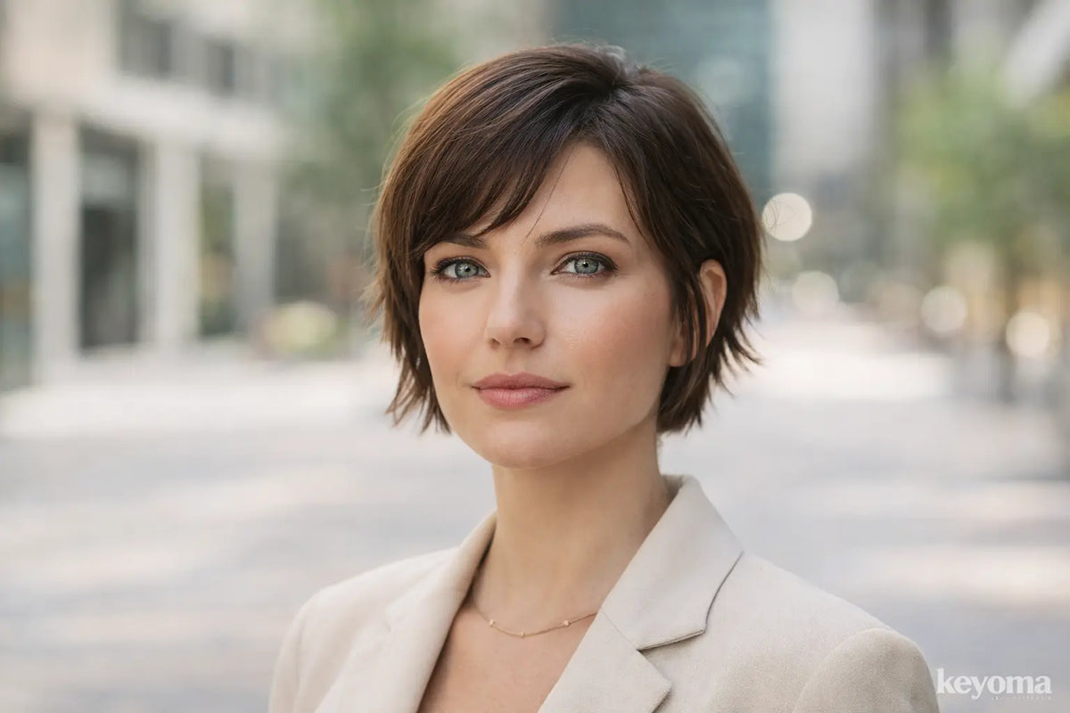 Professional short haircut portrait outdoors showcasing healthy texture and shine, styled naturally with Keyoma hair care.