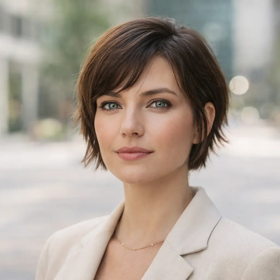 Professional short haircut portrait outdoors showcasing healthy texture and shine, styled naturally with Keyoma hair care.
