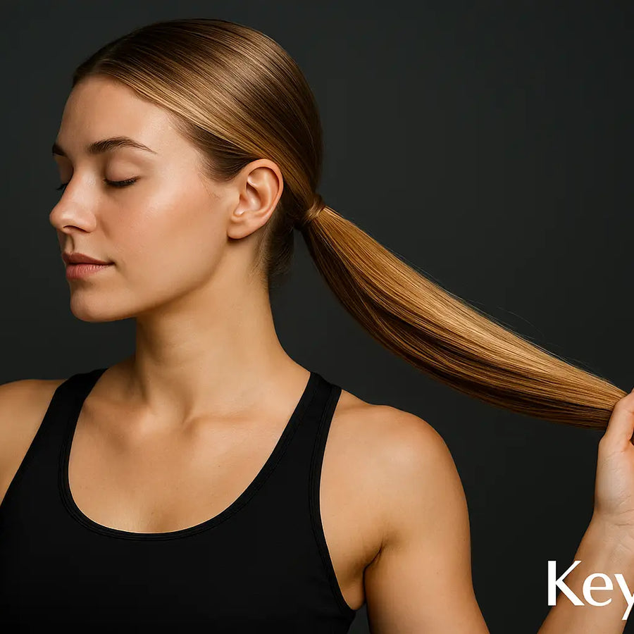 Side-profile woman in black tank holds sleek low ponytail; Keyoma underscores shine, breakage prevention.