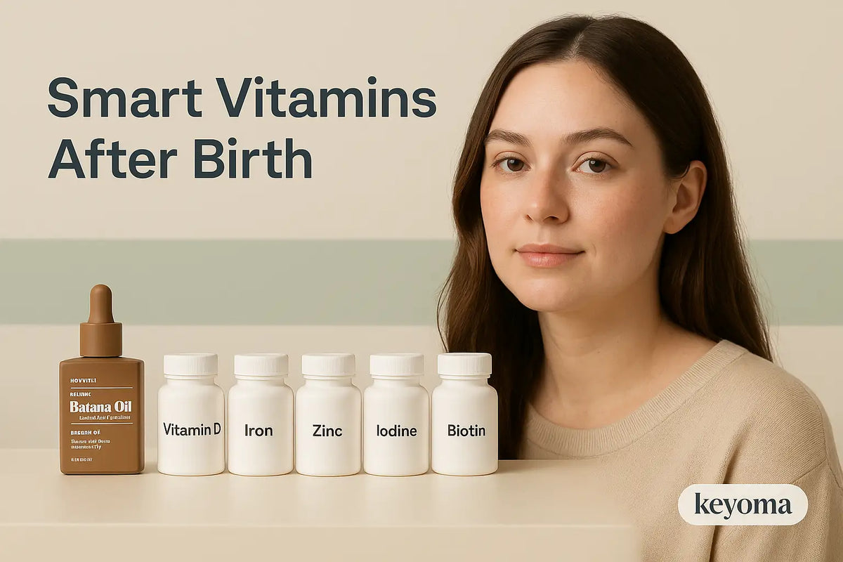A calm new mother sits beside bottles labeled vitamin D, iron, zinc, iodine and biotin with batana oil, illustrating Keyoma’s guidance on postpartum supplements.