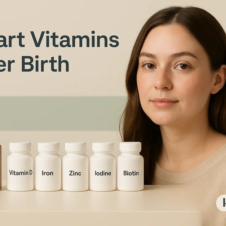 A calm new mother sits beside bottles labeled vitamin D, iron, zinc, iodine and biotin with batana oil, illustrating Keyoma’s guidance on postpartum supplements.
