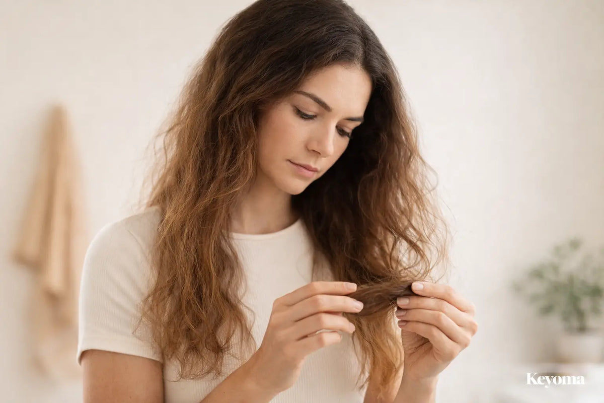 Woman examining dry ends highlights Keyoma guidance for split ends, dryness, and gentle hair care.