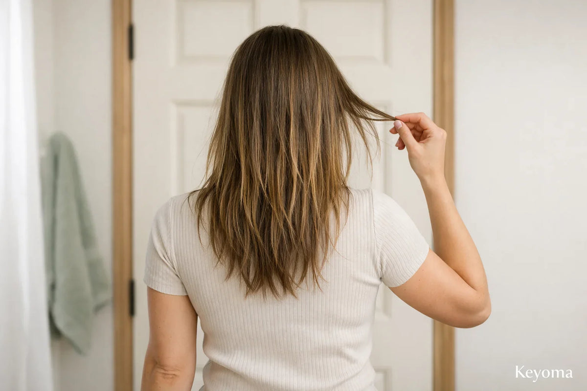 Rear view of a woman examining stringy hair ends at home, illustrating common texture issues with Keyoma context.