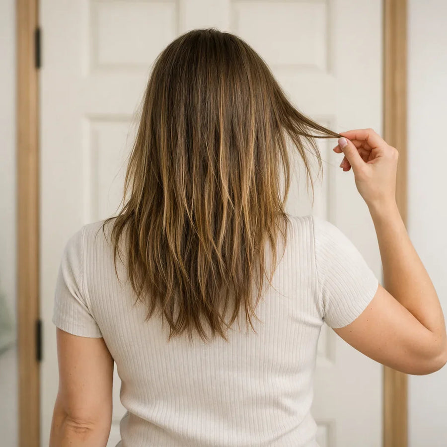 Rear view of a woman examining stringy hair ends at home, illustrating common texture issues with Keyoma context.