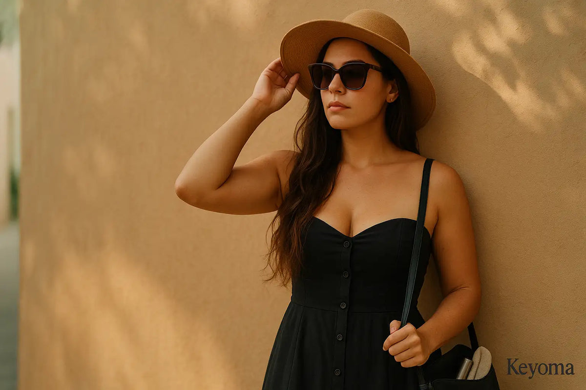 Woman in sun hat and sunglasses leaning against wall, Keyoma highlights UV protection and frizz control.