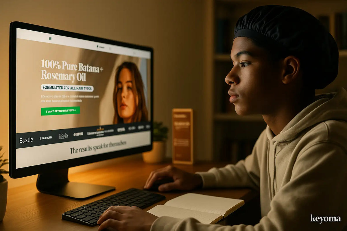 A teenager wearing a bonnet sits at a desk looking at the Keyoma website about Batana oil and rosemary oil for hair regrowth.