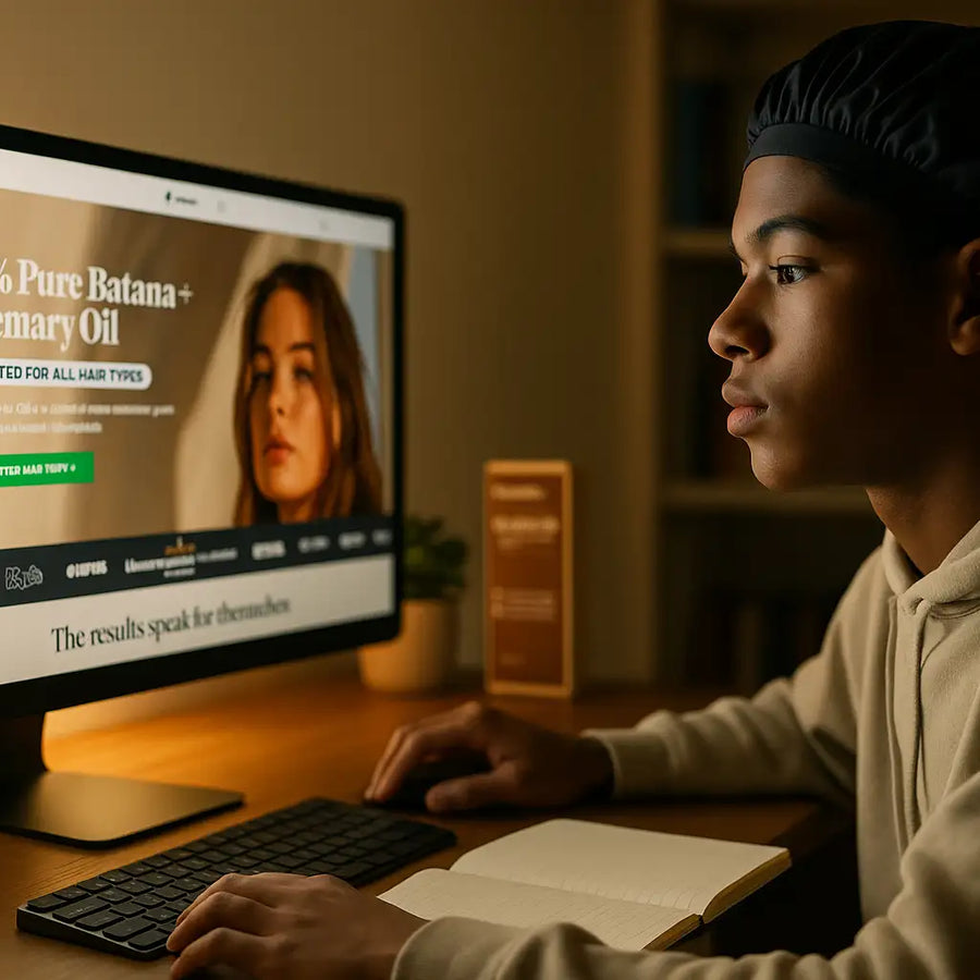 A teenager wearing a bonnet sits at a desk looking at the Keyoma website about Batana oil and rosemary oil for hair regrowth.