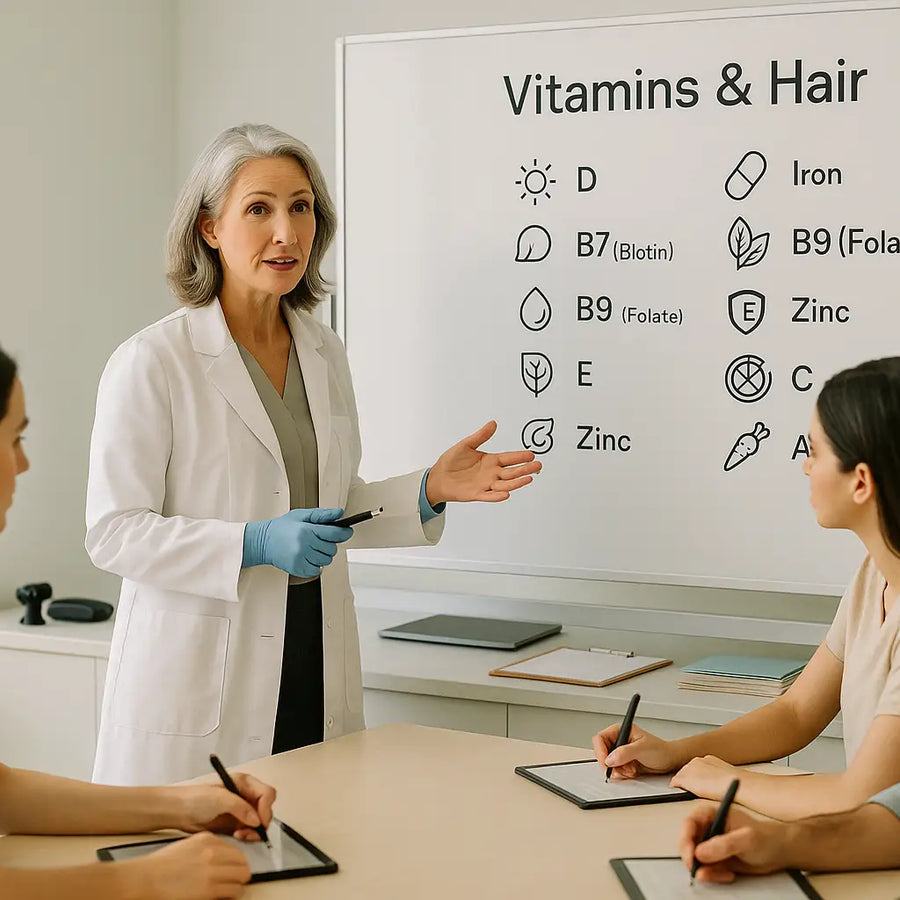 A trichologist from Keyoma explains the role of vitamins in hair health to her students using a whiteboard presentation.