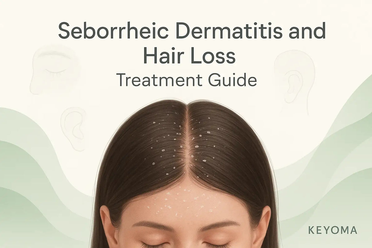 An illustrated Keyoma banner showing a woman with dandruff along the hair part, titled Seborrheic Dermatitis and Hair Loss Treatment Guide.