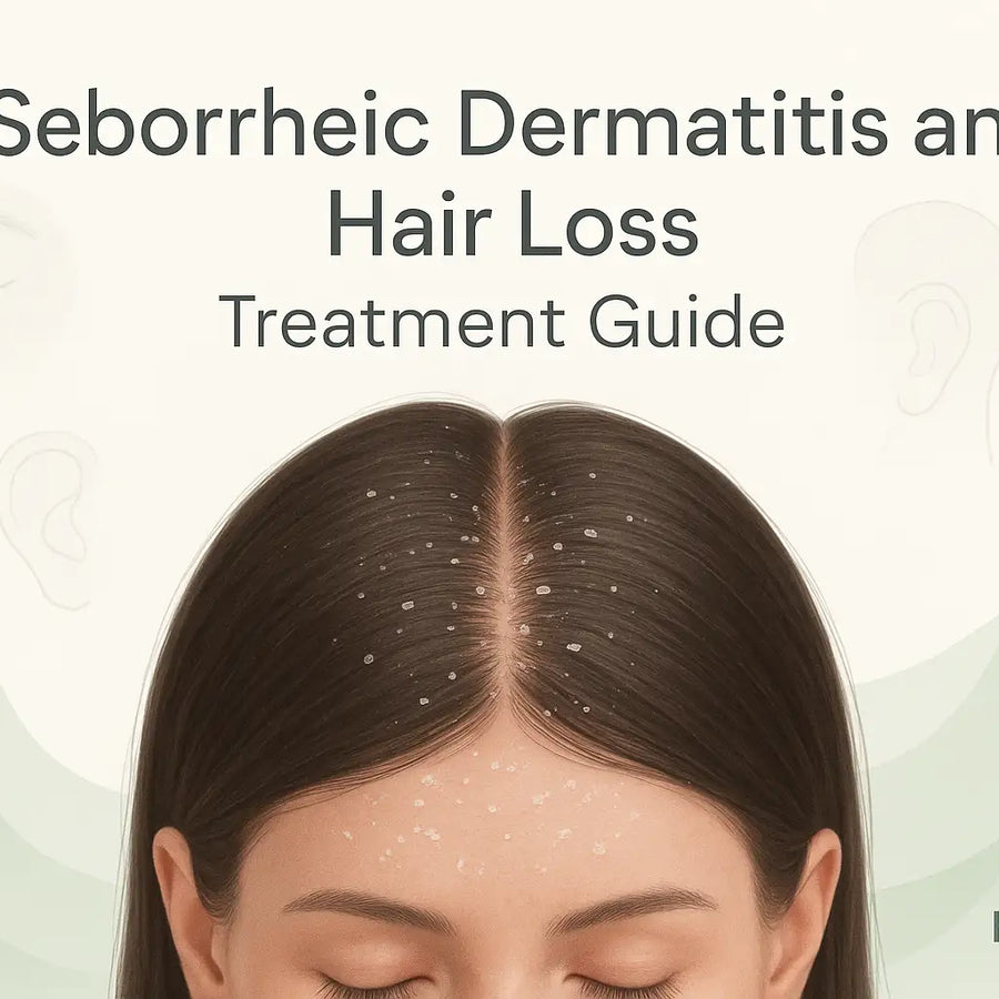 An illustrated Keyoma banner showing a woman with dandruff along the hair part, titled Seborrheic Dermatitis and Hair Loss Treatment Guide.