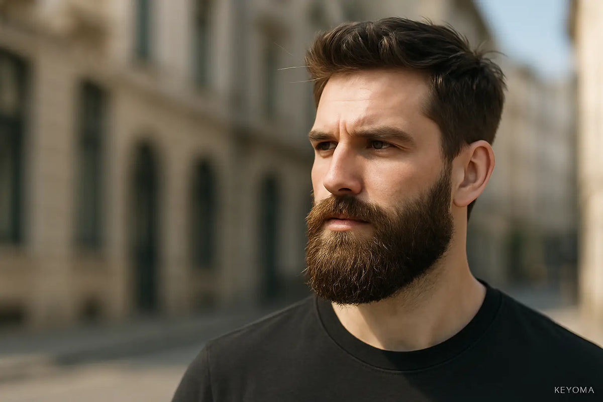 Keyoma showcases a confident portrait of a man with a well groomed beard in urban daylight.