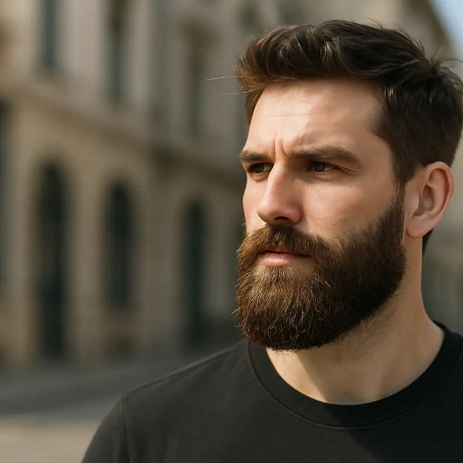 Keyoma showcases a confident portrait of a man with a well groomed beard in urban daylight.