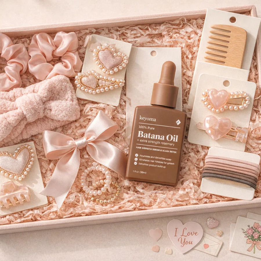 Valentine’s Day hair care gift set with accessories and Keyoma batana oil centerpiece in a box.