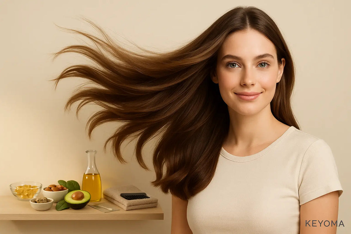 Woman with flowing brunette hair beside avocado, nuts, and oil bottle, Keyoma promotes vitamin E nutrition.