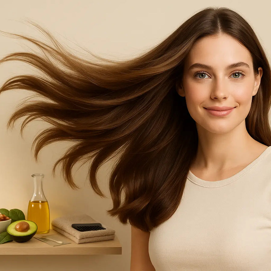 Woman with flowing brunette hair beside avocado, nuts, and oil bottle, Keyoma promotes vitamin E nutrition.