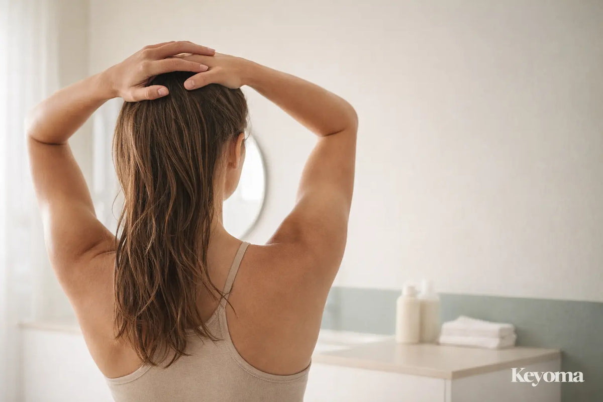 Back view of wet hair in bathroom setting shows post-wash care with Keyoma guidance.