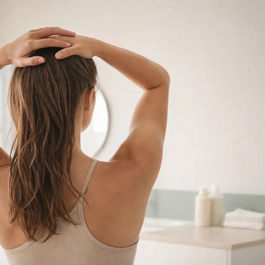 Back view of wet hair in bathroom setting shows post-wash care with Keyoma guidance.