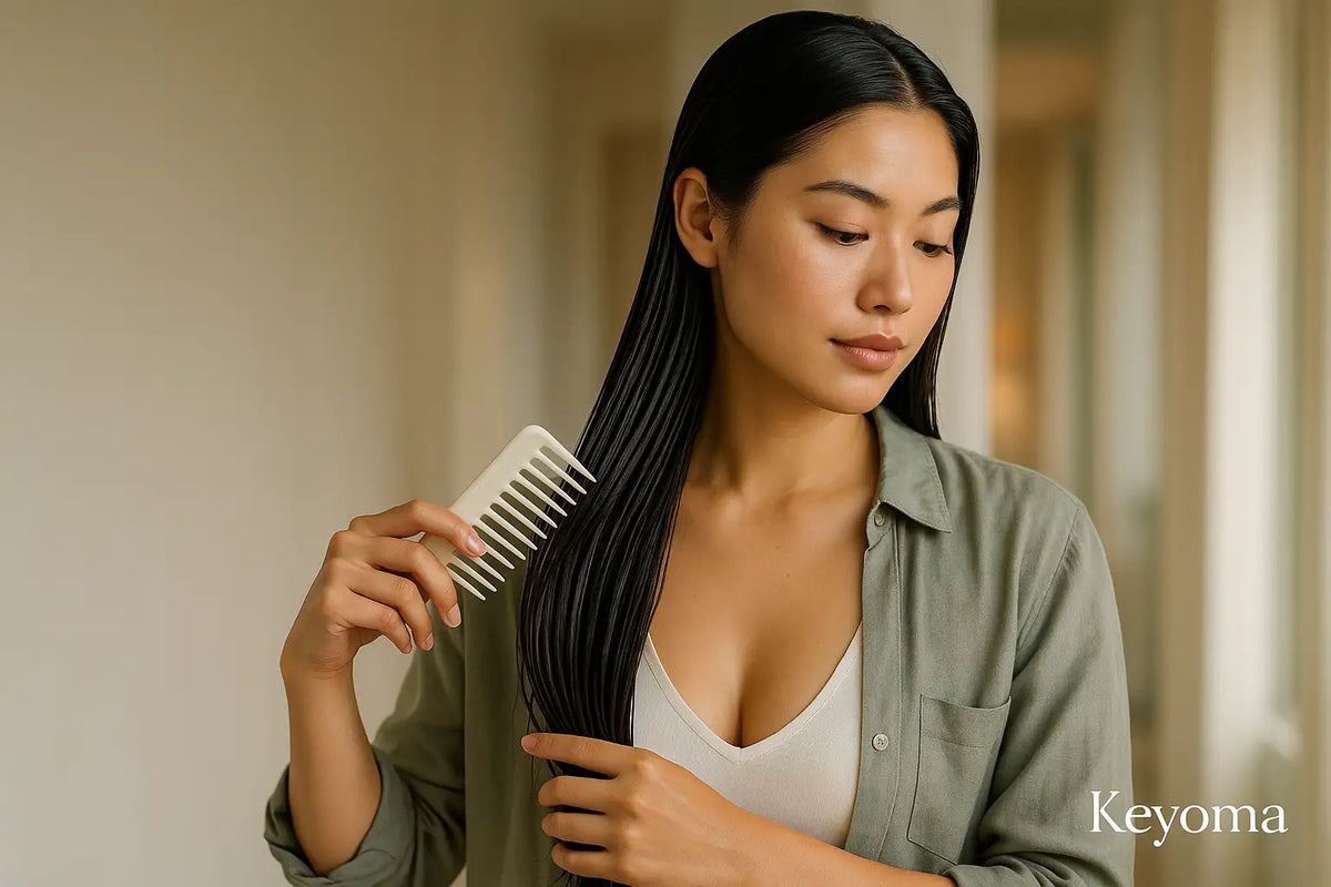 Woman combs damp hair with wide-tooth comb, using Keyoma tips for detangling and breakage prevention.