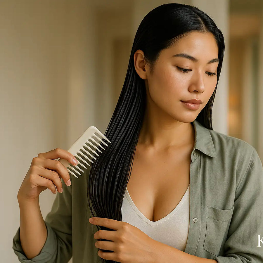 Woman combs damp hair with wide-tooth comb, using Keyoma tips for detangling and breakage prevention.