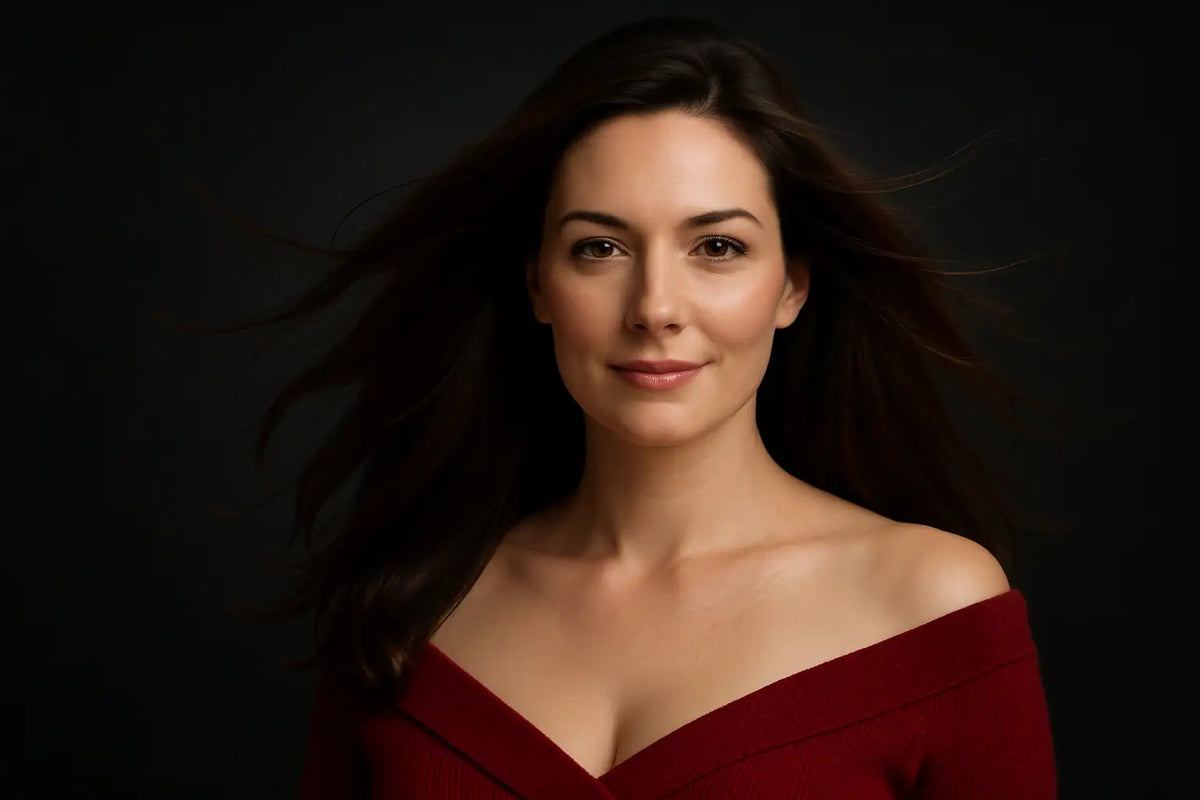 Studio portrait of a smiling brunette with windblown hair as Keyoma highlights smooth shine and volume.