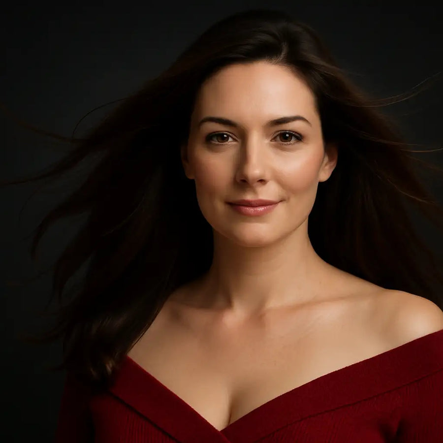 Studio portrait of a smiling brunette with windblown hair as Keyoma highlights smooth shine and volume.