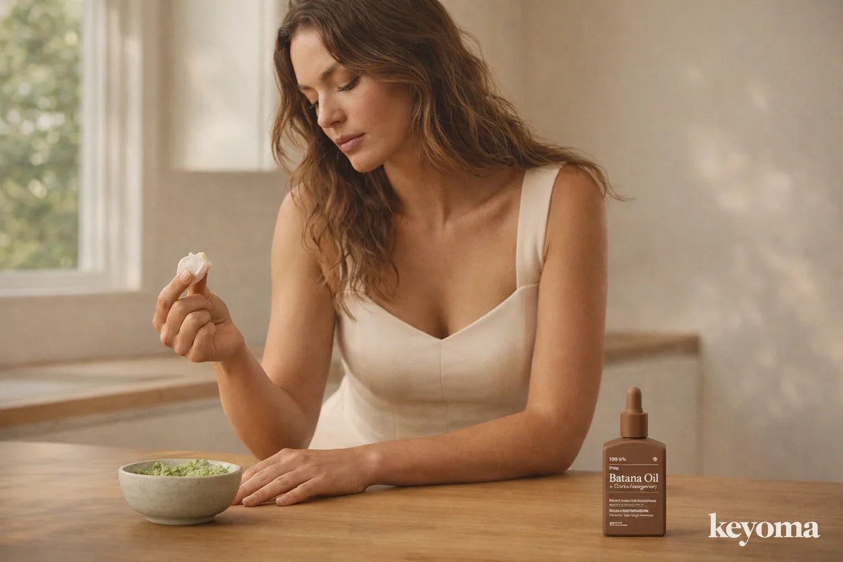 Woman applying hair mask with avocado mixture at kitchen table near window, Keyoma batana oil bottle visible.