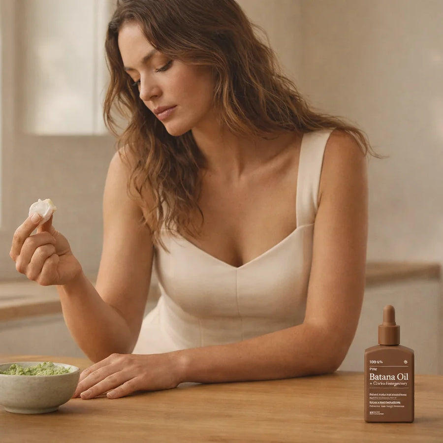 Woman applying hair mask with avocado mixture at kitchen table near window, Keyoma batana oil bottle visible.