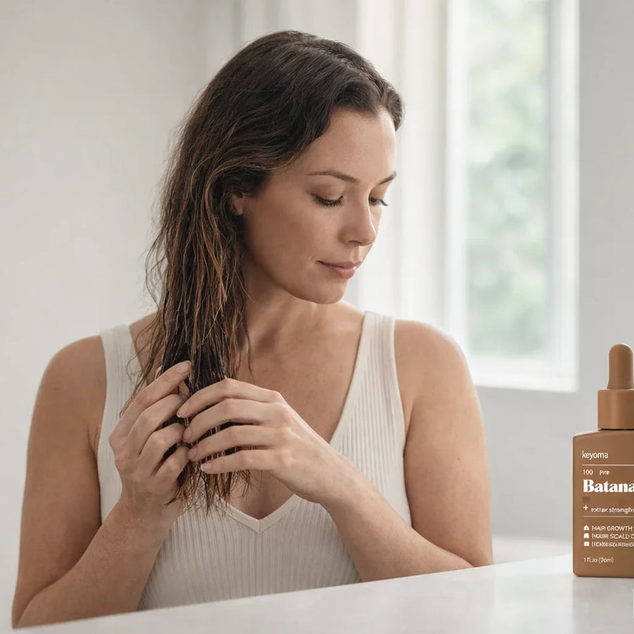 Woman applying oil to wet hair at bathroom vanity beside Keyoma Batana Oil bottle.