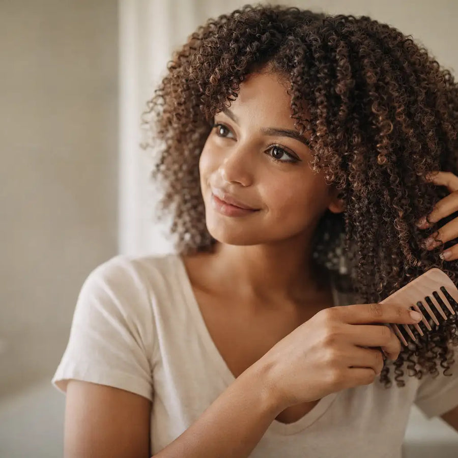 Woman combing defined 3C curls in bathroom using wide-tooth comb near window.