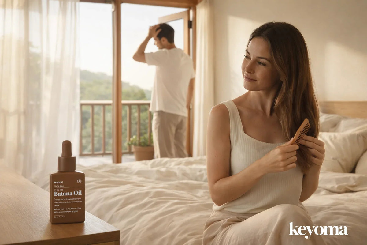 Woman combing hair in bedroom with Keyoma batana oil bottle on table and balcony window light.