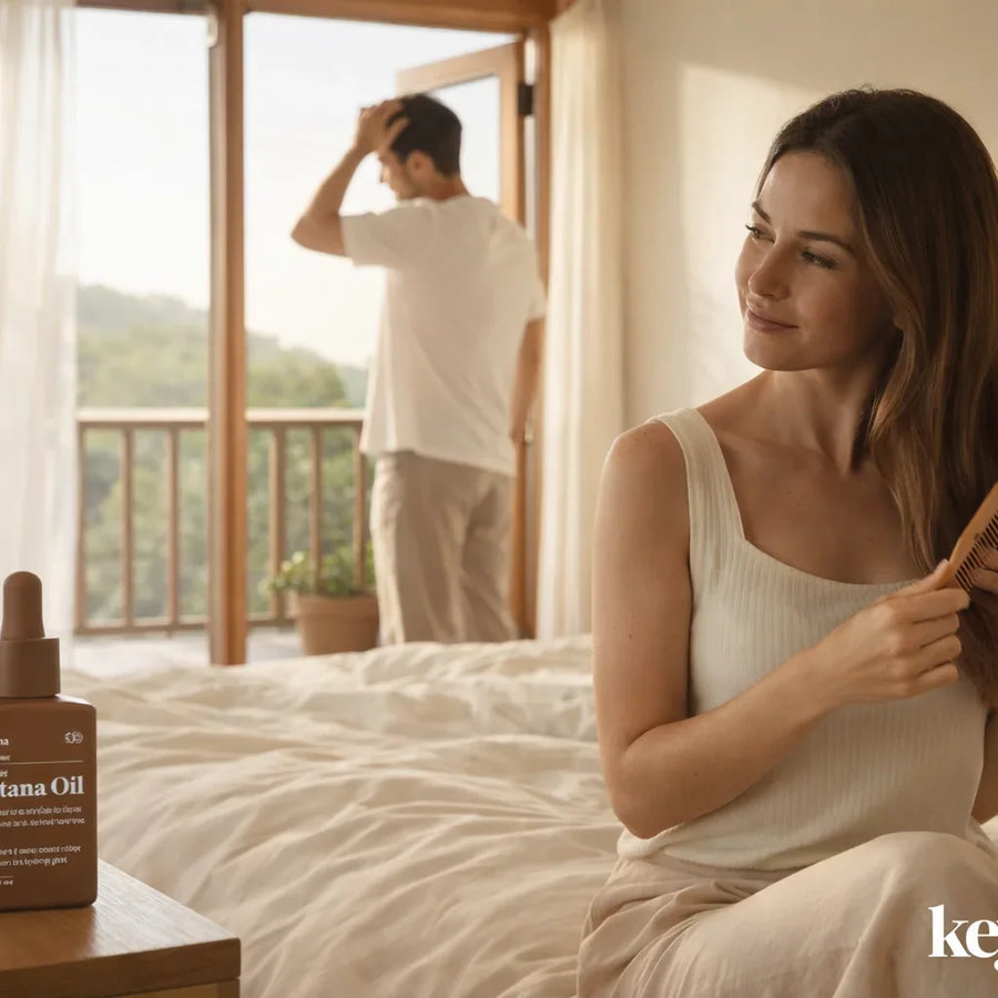 Woman combing hair in bedroom with Keyoma batana oil bottle on table and balcony window light.
